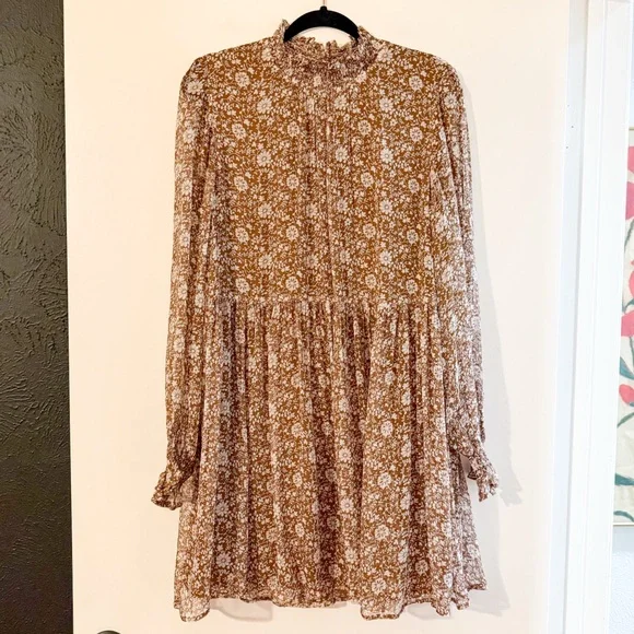Sezane Olivia Long Sleeve Mini Dress in Flora Moka Brown Size 42 US 10 - Picture 2 of 12